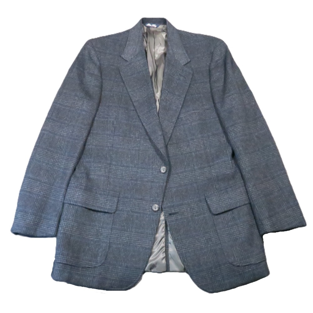 Vintage Allen Solly‎ Plaid Blazer 44L Gray Blue Lambswool Camel Old Money Preppy